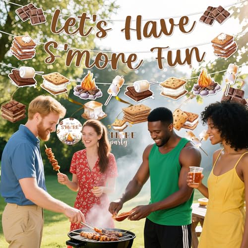 Image of Smores Camping Birthday Party Banners Swirls Decorations 11PCS | Smores Camping Party 11pcs, Glitter Banners Swirls, Cardstock Decor, Campfire Theme, Party Decor for Kids Camping