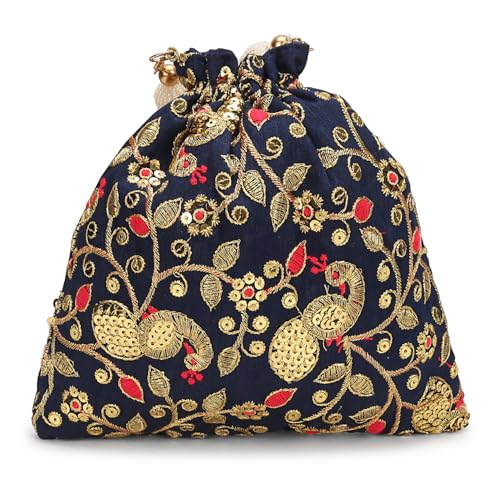 Image of LONGING TO BUY Indian Embroidered Pearl Potli Bag For Women, Sequence Design with Tassel, Wedding Potli Bags
