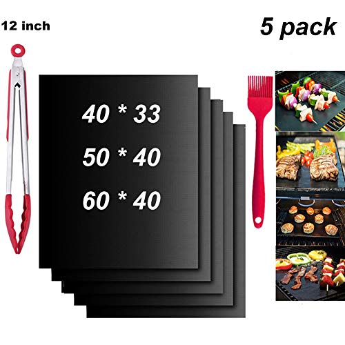 BBQ Grillmatten Für Gasgrill Und Holzkohle (5 Grillmatten + 12-Zoll-Grillzange+ 1 Pinsel),60 X 40 cm