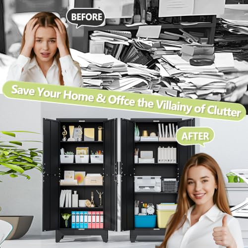 Image of Black Kitchen Pantry Cabinets, 71 Metal Lockable Storage for Office