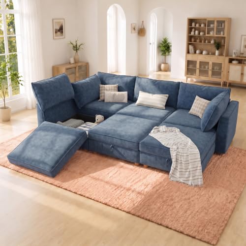 Image of 99 inch Chenille Modular Sofa Bed with Washable Covers & Storage, 6-Seater Modular Sectional Sleeper Sofa Bed with Movable Ottoman Chaise, Convertible Sleeper Sectional Couches for Living Room, Blue