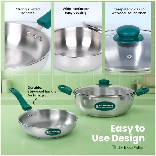 Image of The Indus Valley Stainless Steel Impact Bonded Bottom Kadai (22cm) + Fry Pan (22cm) with Glass Lid | Green Bakelite Handle | Kitchen Cooking Combo Pots & Pans Set of 2 | Induction Compatible