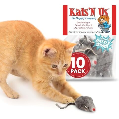Kats'N Us Real Rabbit Fur Mouse Cat Toy - 10 Pak Rattle Sound Cover