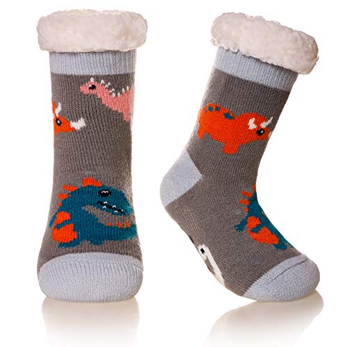 Kids Boys Girls Slipper Socks Children Toddlers Cute Animal Soft Warm Thick Winter Fleece Lined Non-Skid Thermal Home Socks (Dinosaur-Grey, 5-8 Years)
