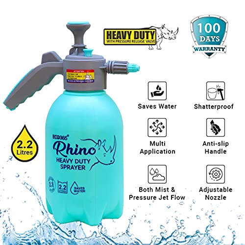 Image of ECO365 Rhino Garden Sprayer 2.2L | Hand Pump Pressure Sprayer | Adjustable Brass Nozzle for Mist & Stream | Handheld Watering Spray Bottle for Watering & Cleaning (Blue)