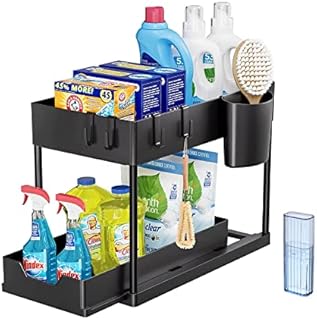 Under Sink Storage Kitchen Organiser, 2 Tier Under Sink Shelf with Slide Out Drawer, Multi-Purpose Slim Organizer for Kitchen Bathroom, Laundry Room -Black