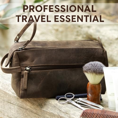 Image of Rustic Town Leather Toiletry Bag for Men & Women - Multifunctional Travel Organizer, Shaving Kit, Makeup Kit, Cosmetic Pouch - Travel Toiletries Gifts (Dark Brown)