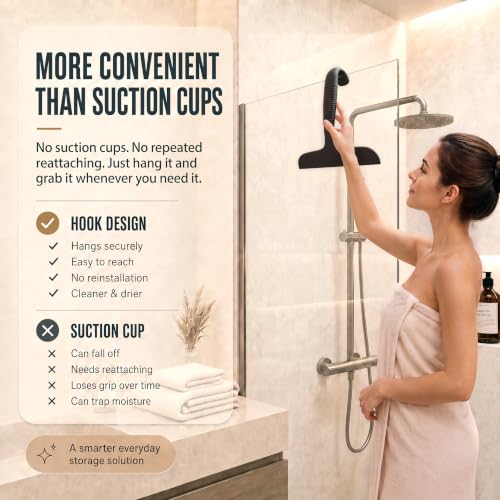 Image of Shower Squeegee for Glass Doors, No-Drill Hanging Shower Door Cleaner for Glass,Silicone Bathroom Squeegee with Built-in Hook, Window, Mirror, Tile, Streak-Free Wiper, Black