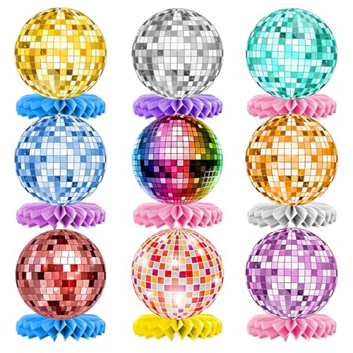 Bola de Discoteca Cumpleaños Mesa Panal Centros, 9pcs Disco Decoración de Fiesta de Los Años 70 80 90, Discoteca Hippie Roca Decoración de Retro Fiesta