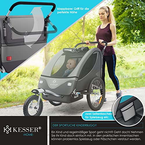 KESSER® Kinderanhänger Fahrradanhänger 360° Drehbar mit Federung 2in1 Joggerfunktion Kinderfahrradanhänger + 5-Punkt Gurt Jogger Fahrrad Anhänger für 1 bis 2 Kinder max. 40kg Inkl. Warnfahne Hellgrau
