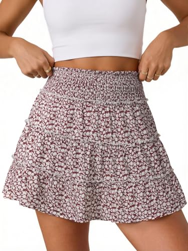 NIMIN Women's Summer Floral Skort Flowy Ruffle Boho Mini Skirt with Shorts Country Vacation Beach Skorts Brown 2XL