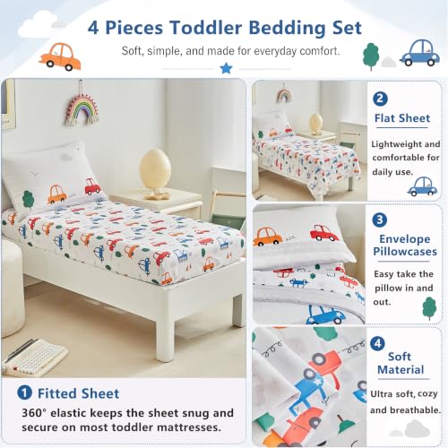 Image of DuShow 4 Pieces Cars Toddler Bedding Set for Boys,Soft Toddler Bed Set in a Bag,Toddler Bed Comforter Set Includes Quilted Comforter, Flat Sheet, Fitted Sheet and Pillowcase
