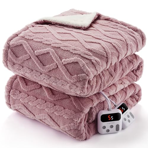 CAROMIO Electric Blanket Queen Size Dual Control - Thick Tufted Sherpa Heated Blanket Queen with 10 Heat Levels and 10 Time Settings, ETL Certified Fast Heating Blanket Queen Size 84"×90", Dusty Pink