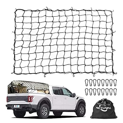 Cargo Net MICTUNING 5x7 Feet Heavy Duty Truck Bed Bungee Nets Stretches to 10x14 Feet with 16pcs D Shape Aluminum Carabiners Universal for Pickup Truck SUV Trailer Boat RV