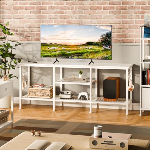 Furologee TV Stand for TVs up to 55 Inch, Entertainment Center with Open Storage Shelves, Media Console Table with Soundbar Shelf for Living Room, Bedroom, White