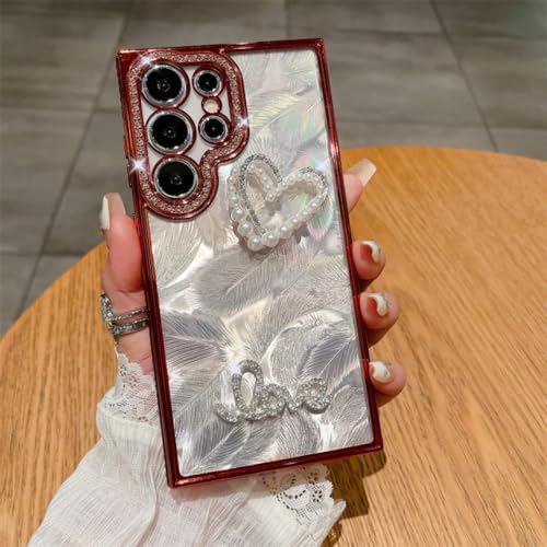 Coque Samsung S22 Plus silicone rouge avec strass paillettes et motif plumes cœur