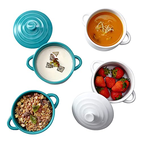 Bruntmor 8.5 Oz Mini Cocotte Ceramic Ramekins For Baking, Mini Casserole Dish With Lid, Cute Stoneware Individual Severing Pot, Ramekins 8 Ounce Oven Safe Souffle Dish (Teal,White) #TOP2