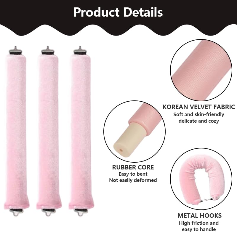 Heatless Curls Overnight Set of 3 with 1 Scarf - Heatless Hair Curler, Overnight Blowout Rods for Blowout Look Long Hair (Pink)