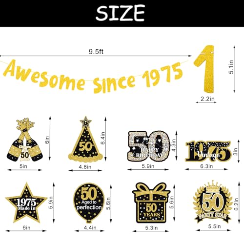 Image of 50th Birthday Decorations for Men Women,Pre-Strung Glitter Gold Vintage Happy 50th Birthday Party Banner,Awesome Since 1975 Hanging Swirls,for 50 Years Old,Anniversary Supplies Ideas