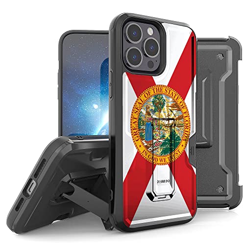 BEYOND CELL Compatible with Apple iPhone 13 Pro Max Armor Kombo Kickstand Case with Belt Clip Holster, Hybrid Rugged Heavy Duty Shockproof Drop Protection Florida State Flag