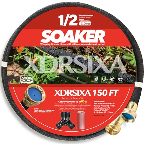 XDRSIXA 150FT 1/2 Heavy-Duty Soaker Hose with Solid Brass Connectors Ultra-Flexible Even Water Flow with Metal Staples & Y-Splitter