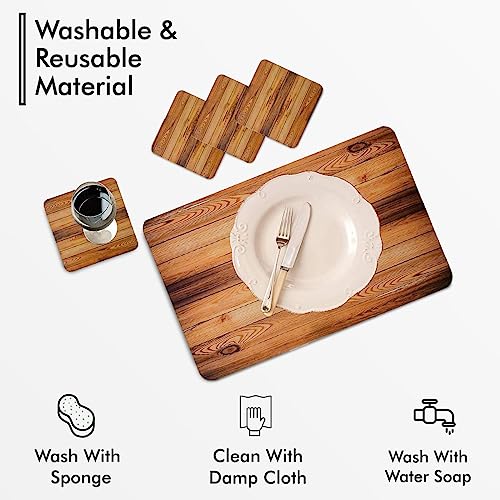 Image of Yellow Weaves 4 Piece Wooden Style PVC Dining Table Placemats, (Color - Wood)