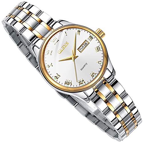 OLEVS Stainless Steel Watches for Women White Dial Ladies Watch Gold Silver Tone Band Waterproof Roman Numeral Women Dress Watch Day Date Easy Read 3 Hands Analog Women's Quartz Watch Small Wrist