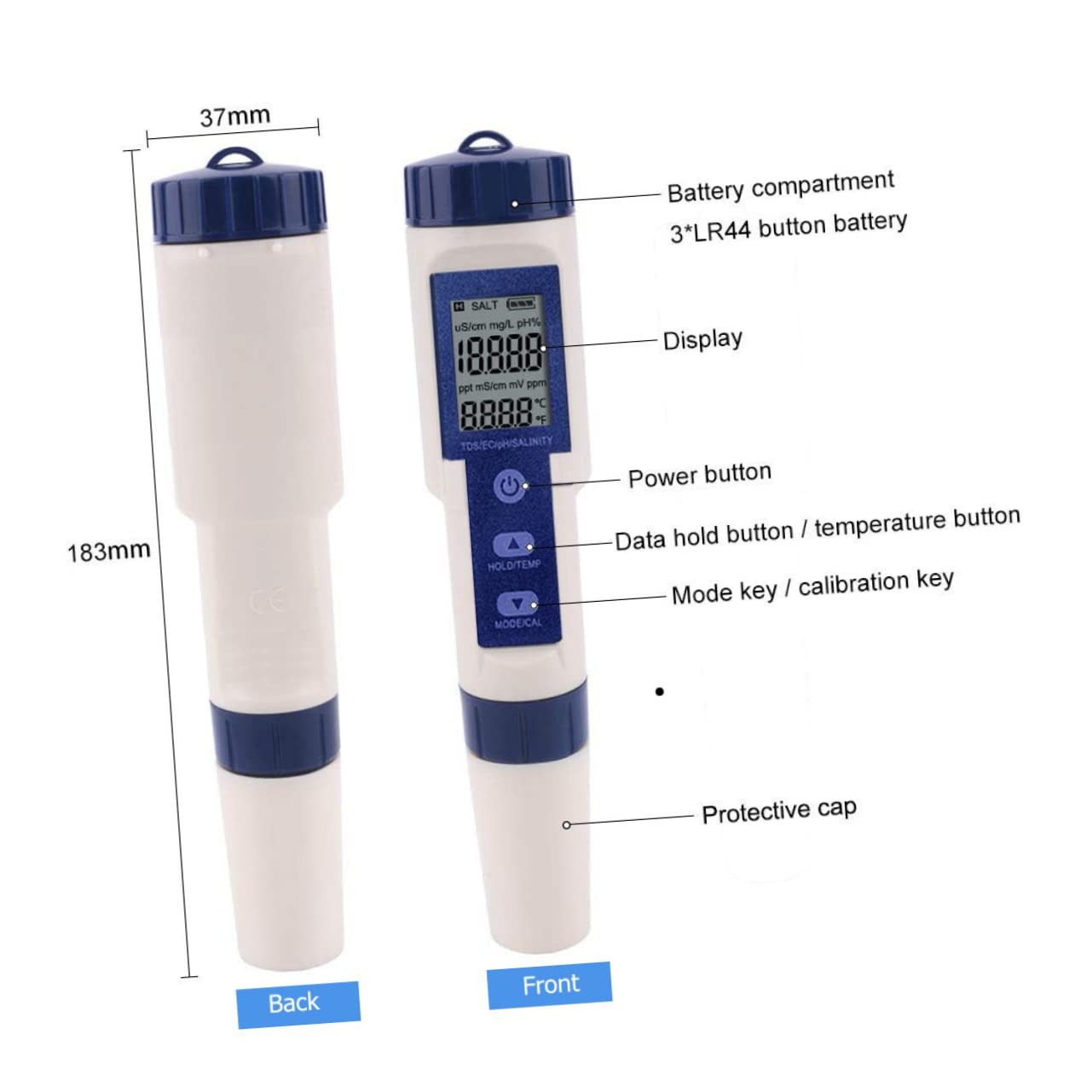 ULTECHNOVO Digitaler Salzgehaltsmesser und Temperaturmessgerät aus Kunststoff für Aquarien und Fischbecken mit Einzigartigem LCD Design und 3 Stück Lr44 Batterien zur Präzisen Messung