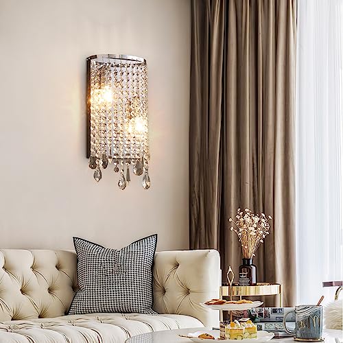 Crossio Modern Crystal Wall Sconce Luxury Crystal Drops Shade Wall Lamp For Living Room Bedside Hallway Hotel Chrome Finish #TOP5