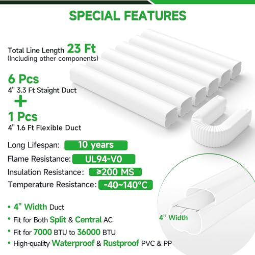 Image of Mini-Split AC Line Set Cover: 4 inch 23 Ft Line Hide for Mini Split Central AC HVAC Heating System - Waterproof PVC Outdoor Pipe Cover Split Unit Line Guard Decorative Refrigerant Line Cover