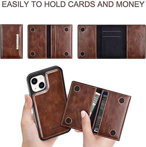 Image of PULOKA Wallet Back Case - Compatible with iPhone 14 - Vegan Leather Phone Cover - Detachable Card Holder Case with Kickstand - Shockproof, Anti Scratch & Raised Edges for Protection - Brown
