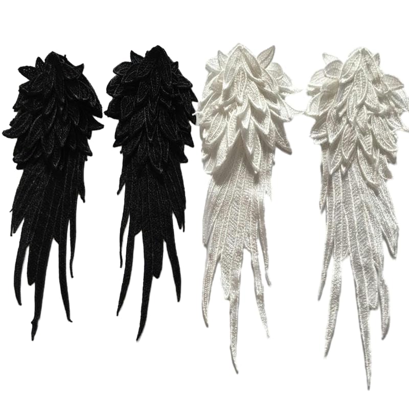 2 Paires D’Ailes D’Ange Noires En Dentelle – Appliques à Coudre Pour Robe De Mariée, Déguisement – Taille 41,5x16,5 Cm Et 29,5x11,5 Cm