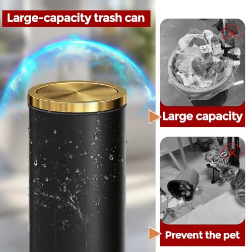Image of 30L /8GAL Gold Brass Kitchen Trash Can,Tall Commercial Garbage Can with FILP Lid,Black and Gold Trash Can for Kitchen,Shopping mall,Elevator gate,Airport, Hotel,Commercial (Black)