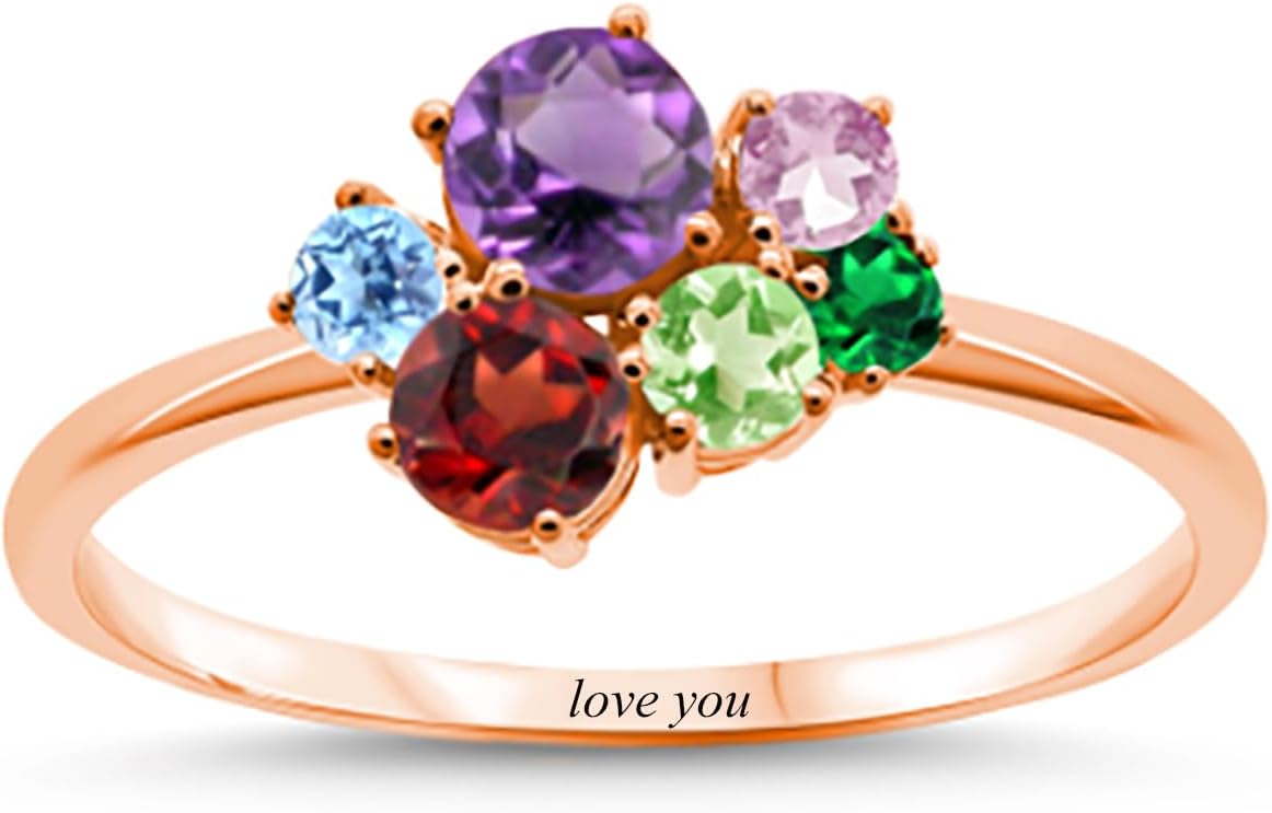 Personalized 2-7 Birthstones Ring for Women Mom Wife, s925 10K 14K 18K Solid Gold Custom Graduated Birthstone Cluster Family Ring Engraved Jewelry Gift for Mothers Day Birthday