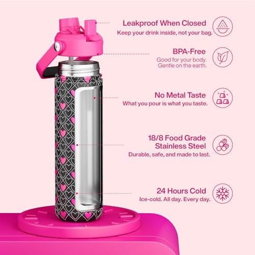 Image of ENCOOL Insulated Water Bottle with Straw Stainless Steel Water Bottle, Leak-Proof, BPA-Free, Keeps Cold for 24 Hours for Sports, Travel, School (26 oz, Bold Hearts Ember x Black)