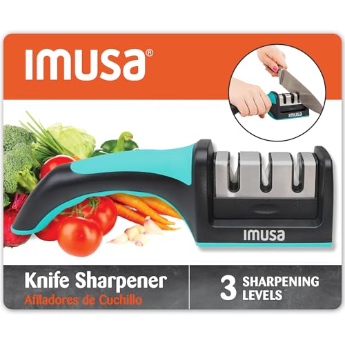 Image of IMUSA Kitchen Knife Sharpener, Manual, Coarse to Fine, Non-Slip Base | Tungsten steel blades with ceramic rods, ergonomic grip, ambidextrous, not for serrated knives or scissors