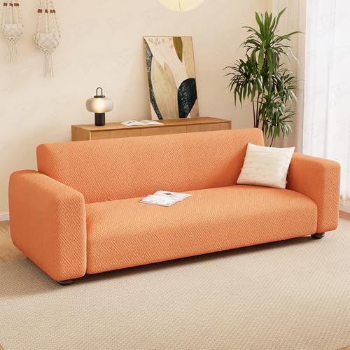 Image of Lukzer 3 Seater Pastel Orange Grid Maze Pattern Sofa Cover | 240 GSM Universal Stretch Fit Jacquard Fabric Couch Protector | Fully Covered Anti Slip & Washable Sofa Cover (180-230cm /SC-106-03)