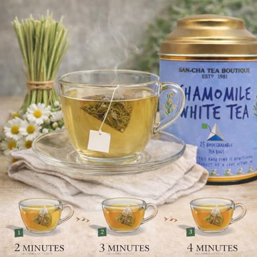 Image of Sancha Chamomile White Tea | 25 Pyramid Bags | Silver Needle & White Peony White Tea Blend | Antioxidant-Rich