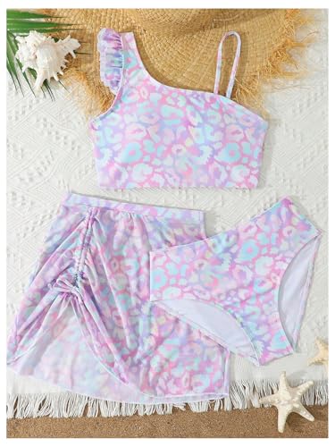 Image of MakeMeChic Girl's Three Piece Leopard Print Asymmetrical Neck Ruffle Bikini Set with Drawstring Cover Up Skirt