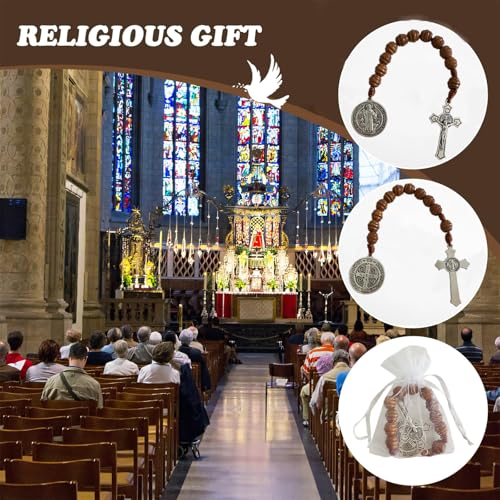 Image of Bovemee Saint Benedict Medal Prayer Pocket Rosary Catholic Brown Wood Beads with Medalla de san benitol and Crucifix, 9 Inch
