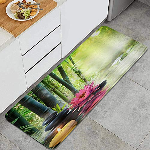 QIUTIANXIU Tapis Cuisine Devant Evier Antidérapant Tapis de Sol Absorbant Lavable Spa Bambou Lotus pour Salle de Bain Fleur de méditation Zen Oriental Japonais...
