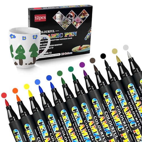 Bellanova Juego de 12 Colores Rotuladores para Porcelana, Punta de Fibra Única Rotulador Cerámica Resistente al Agua, Apto para Pintura y Decoración en Porcelana, Cerámica (Multicolor)