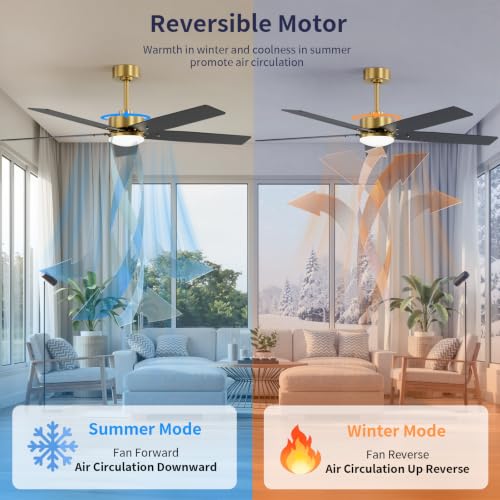 Image of 52 Inch Ceiling Fans with Lights and Remote for Bedroom Living Room Kitchen Home Office Indoor /Outdoor, 18W 3CCT Dimmable, Dual Color 5 Blades 6 Speed Reversible Quiet DC Motor, Gold /Wood Grain