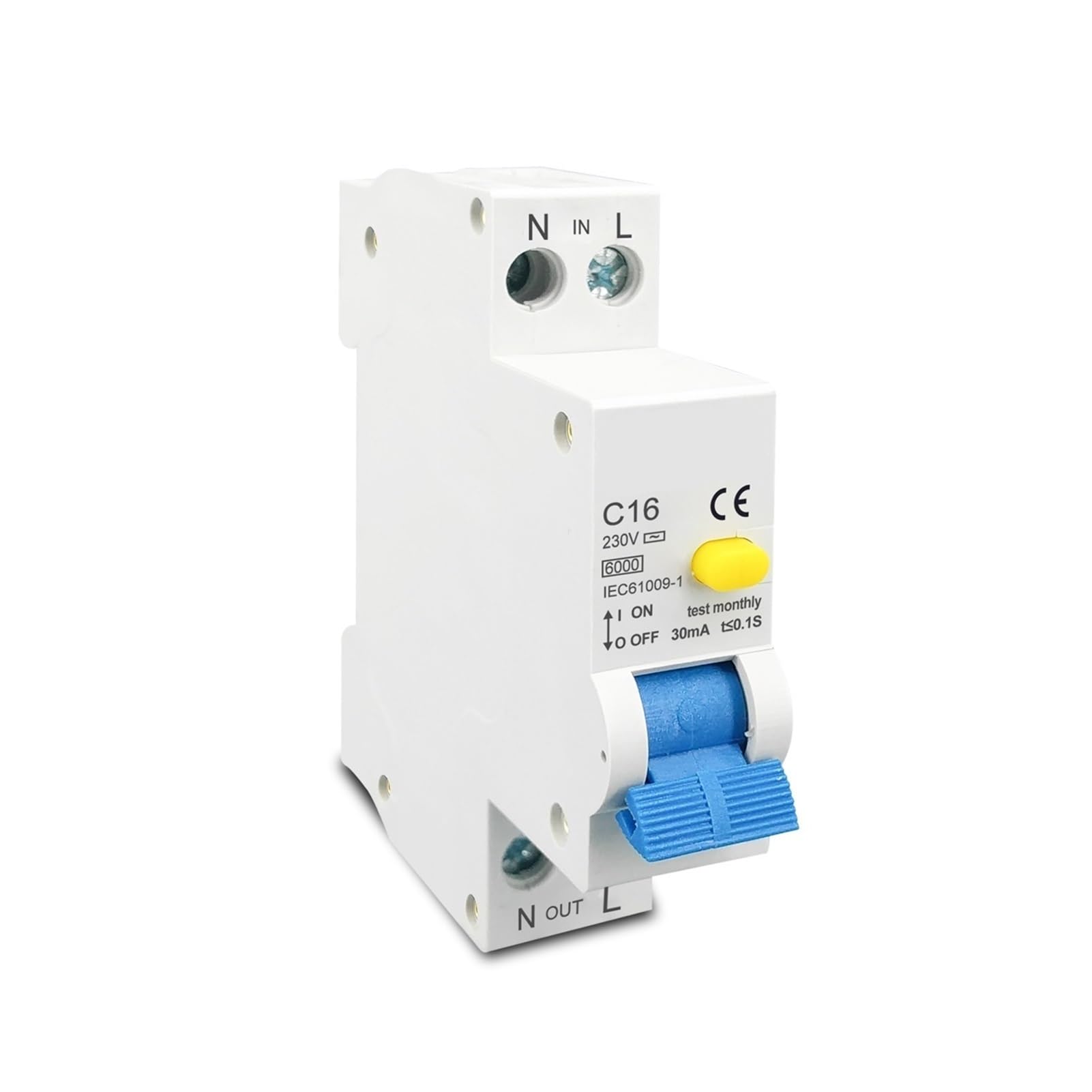 Interruttore magnetotermico differenziale 1P+N, 6-32A 230V 6kA | RCBO 1P+N, dispersione 30 mA, 6-32 A, potere di interruzione 6 kA. 230 V. Scollega fase e neutro.(6A)