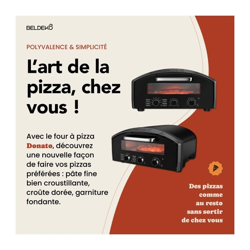 Four à pizza électrique BELDEKO Donato – 450 °C, 2140 W – cuisson 90 secondes – 8 modes + manuel – pierre réfractaire 33×33 cm – pelle à pizza incluse