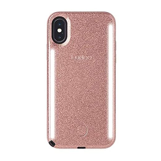 LuMee Duo Phone Case, Rose Glitter | Front & Back LED Lighting, Variable Dimmer | Shock Absorption, Bumper Case, Selfie Phone Case | iPhone Xs Max Only