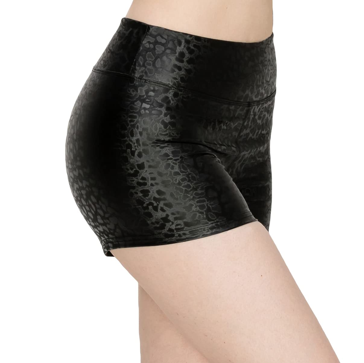 ALWAYS Women's Faux Leather Shorts - High Waisted Stretch Sexy Bodycon Short Hot Pants Animal Print Black Medium