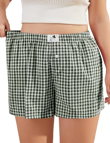 Image of COOTRY Plus Size Women Boxer Shorts Cotton Plaid Gingham Shorts Casual Pajama Sleep Shorts Y2K Beach Bottoms