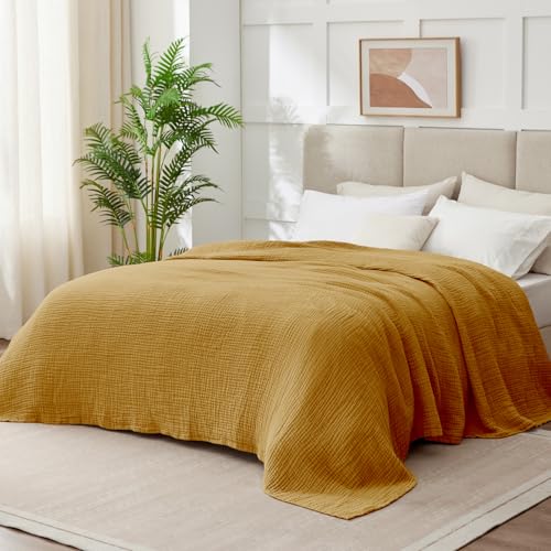 Image of 100% Cotton Muslin Blanket Large 50 inchx 70 inch, 6 Layers Breathable and Lightweight Cotton Throw Blankets for Couch, Soft Cooling Summer Gauze Blanket for Adults All Season, Mustard