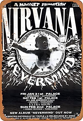 Migsrater Nirvana Nevermind Plaque en métal Décoration murale rétro Poster peint Art Décoration Plaque d'avertissement Bar Café Garage 20,3 x 30,5 cm
